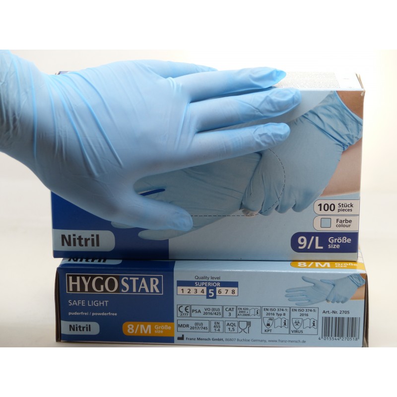 Hygostar Extra Safe Gants en nitrile non poudrés Bleu Taille L 50 cm 