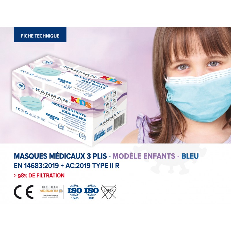 MASQUE CHIRURGICAL FRANCAIS Enfant 6-10 Ans x 50 Masques - ROSE
