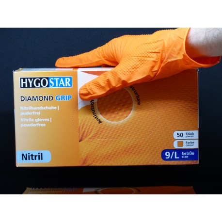 Gants diamond grip orange non poudrés hygostar boite de 50