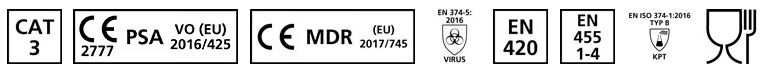 Conforme aux normes EN455-1, 2, 3, 4 ; EN374-1 et 5 ; EN420 ; CE MG 93/42/EC ; CE 0465 SA VO (EU) 2016-425