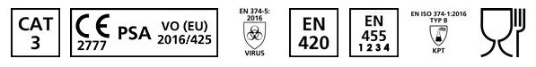 Conforme aux normes EN455-1,2,3,4 ; EN374-1,2,4,5 ; EN420 ; EU 2016/425 ; EN 16523-1 ; ASTM D6978-05 ; Règlement (UE) n° 10/2011 & Arrêté français du 5 août 2020