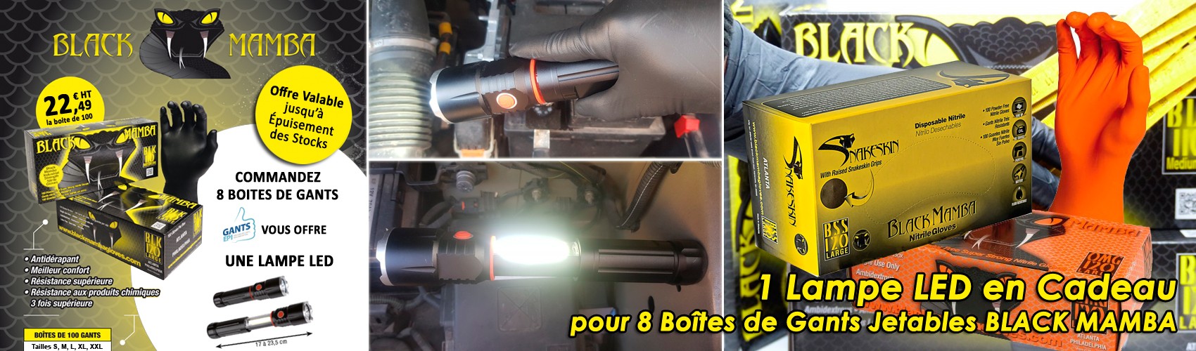 Une Lampe LED en Cadeau pour l'achat de 8 Bo&icirc;tes de Gants Jetables Black Mamba !
